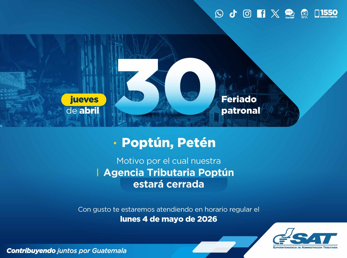 ✍️ ¡Toma nota! 

Mañana 3️⃣0️⃣ de abril, nuestra Agencia Tributaria en Poptún #Petén estará cerrada por motivo del feriado patronal.

Te atenderemos nuevamente el lunes 4️⃣ de mayo en horario regular.