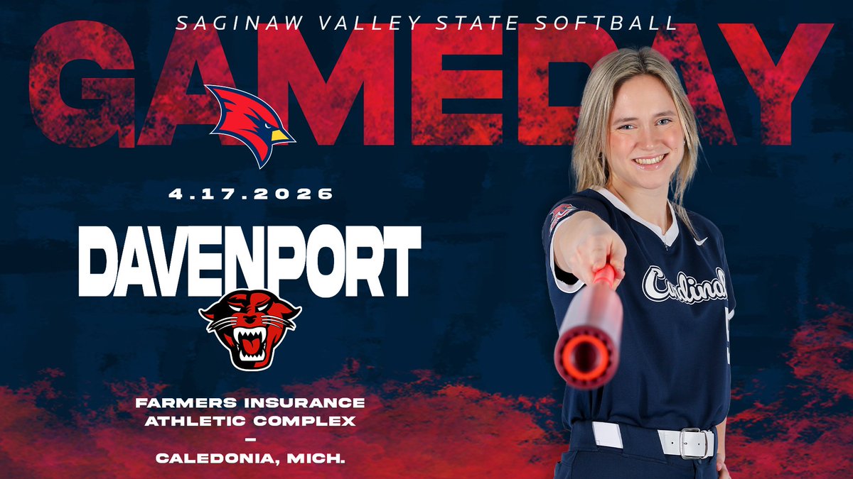svsuathletics's tweet photo. 🚨GAME DAY🚨
🥎: @SVSU_Softball
🆚: Davenport
📅: April 17, 2026
🕖: 3:00 &amp; 5:00 PM
📍: Caledonia, Mich.
📺: https://t.co/FuDQ1aHaAS
#BeaksUp #GoCards #StandOut #SVSUSB https://t.co/284H8LzGQT