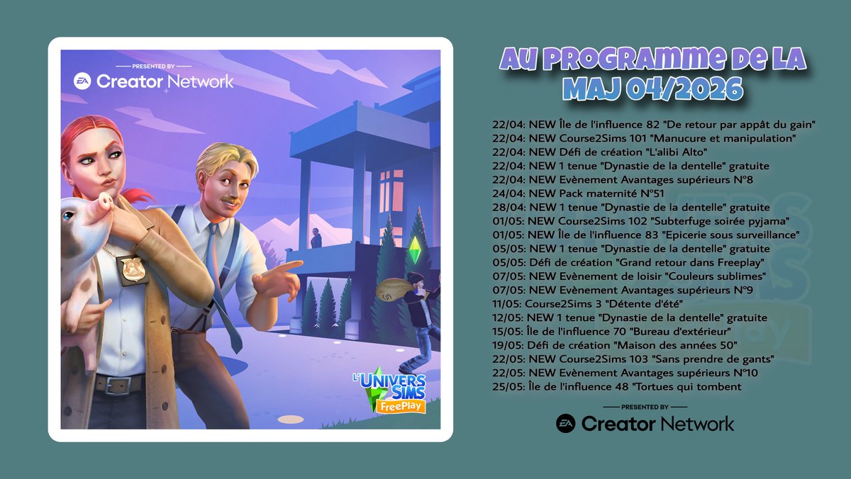 LuniverSims's tweet image. #AFamilyAffairUpdate accès anticipé
Programme de la MAJ
📎luniversims.fr/index.html/les…

#TheSimsFreeplay #Sims #SimsFreeplay #TheSims #LesSims #LosSims #TheSimsJogueGratis #EACreatorNetwork #SimsFreeplayUpdate #SimsFreeplayEvent #심즈프리플레이 #シムズフリープレイ #Симс #ซิมส์