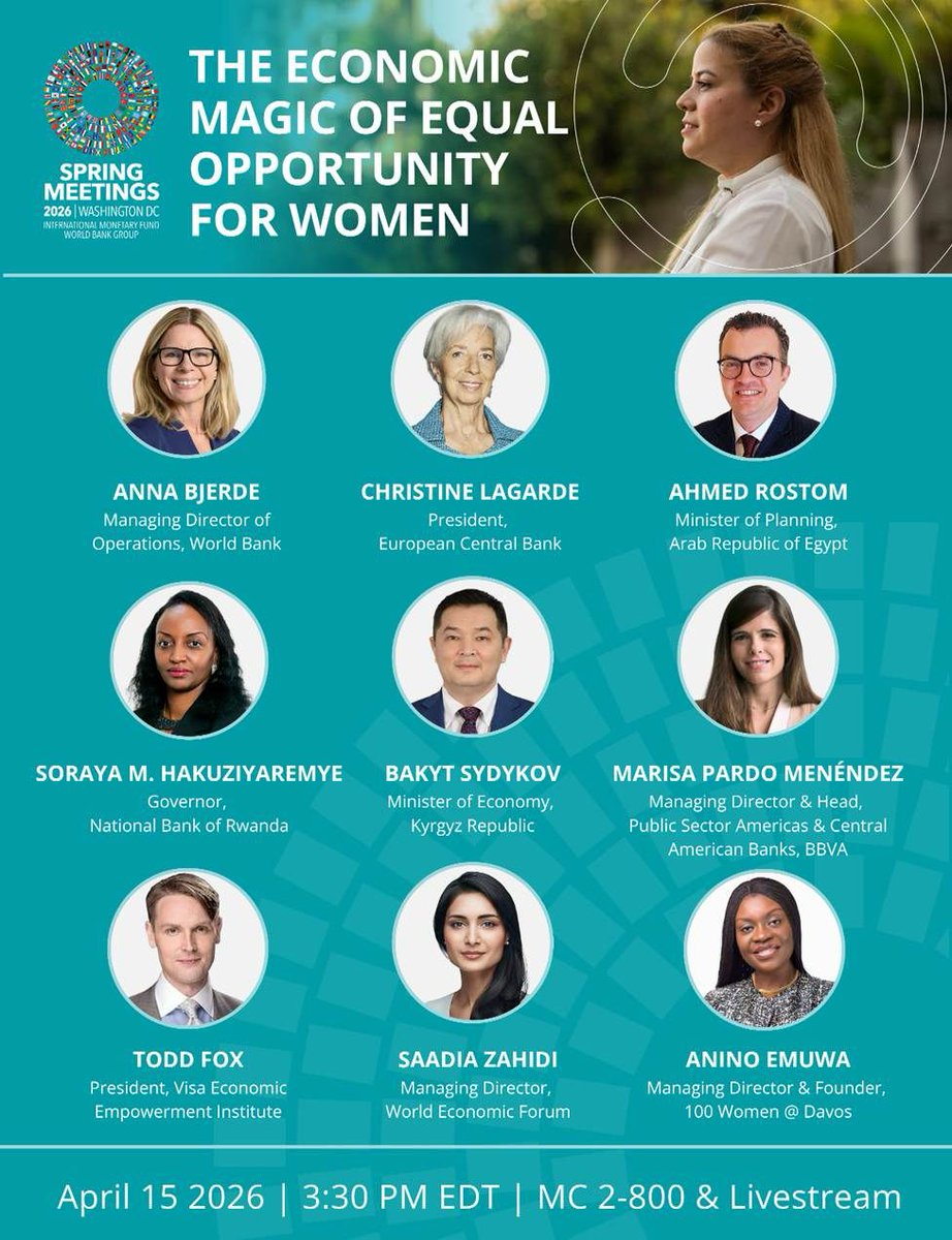 SorayaMHlive's tweet photo. Yesterday at the IMF WB #SM2026 in Washington DC, an insightful fireside chat by ECB President @Lagarde &amp; World Bank MD @bjerde_anna and a panel on the economic magic of equal opportunity for women. Shared Rwanda's progress and mindset shift toward women's financial empowerment. https://t.co/NWV2Wlur9G