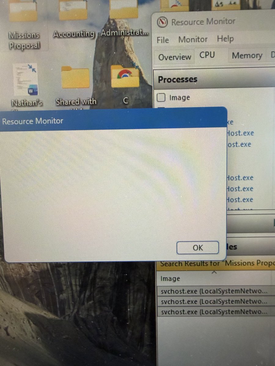 CalvaryNerd's tweet photo. @Microsoft Got a bug report for you. In Resource Monitor, if you are in Dark Mode and you try to end a process via the Associated Handles feature and the end process fails, you get a white box. If you move your mouse over the button on the bottom right, the ‘ok’ button does show. https://t.co/Q7U4JesCr1