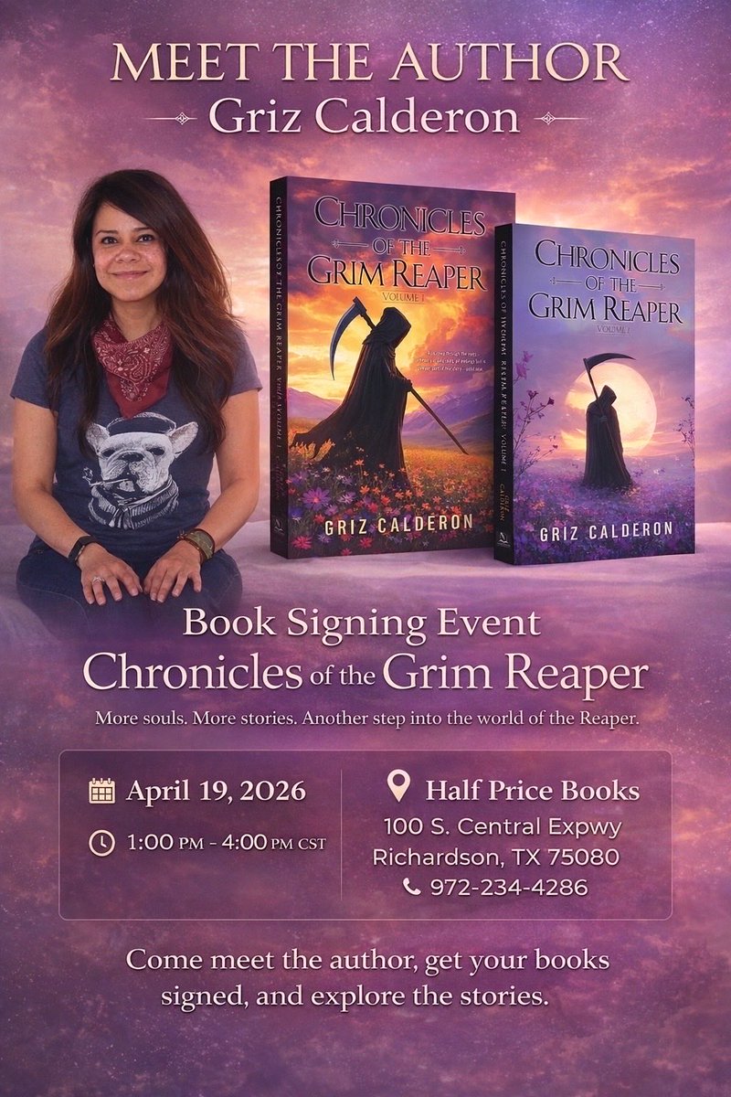 GrizCalderon's tweet photo. Come see me at Half Price Books. I will be signing books and will have copies of the new Chronicles of the Grim Reaper: Volume 2.

🖊️ Author Event Details:
📅 Date: April 19, 2026
⏰ Time: 1:00 PM - 4:00 PM CST
📍100 S. Central Expwy
Richardson, TX 75080
+1 972-234-4286 https://t.co/UyaqfKUwQV