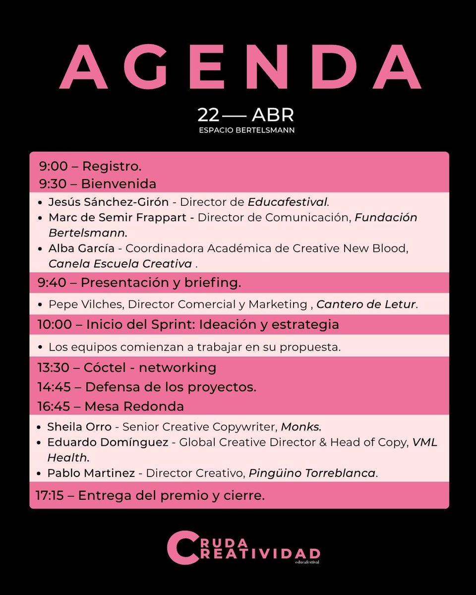 educafestival's tweet photo. Cada vez está más cerca La Cruda Creatividad · Sprint de ideas 2026. ¿Qué cuál es su agenda? ¡Aquí está! La disfrutarán todos los jóvenes creativos que trabajarán en directo sobre el briefing de El Cantero de Letur. El premio, ¡una beca formativa de CANELA Espacio Creativo! https://t.co/Pj4CkPlXbL