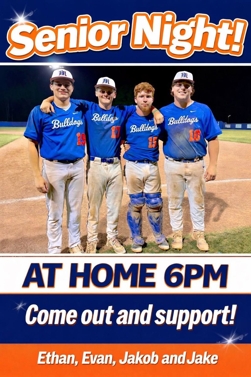 MontevalloAC's tweet photo. Good Luck to our MHS Baseball team as they close out the season this evening AT HOME vs Westminster-Oak Mountain!

JV plays at 4:00pm
Varsity plays at 6:00pm

IT’S SENIOR NIGHT! Come out &amp; join us as we celebrate our Senior Baseball Players. 

LET’S GO DAWGS! https://t.co/1sViVEQrql