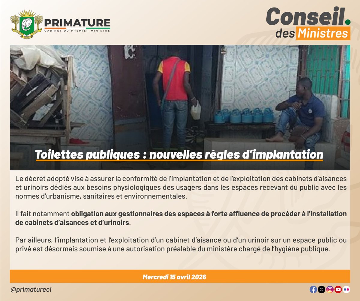 primatureci's tweet photo. Désormais, les marchés, gares et autres espaces à forte fréquentation devront être équipés de sanitaires conformes aux normes d’urbanisme, d’hygiène et d’environnement.
#PrimatureCI https://t.co/RveWnn9t0X