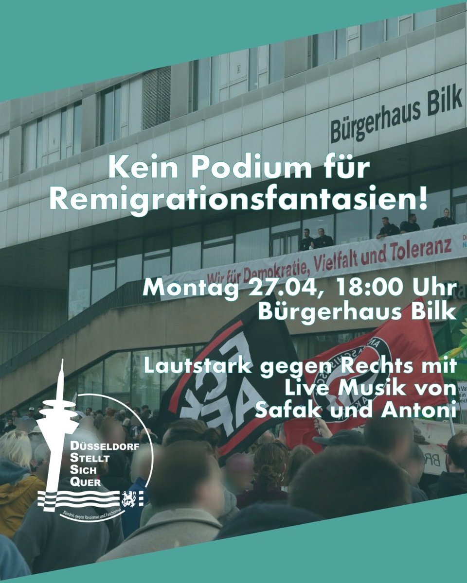 Kein Podium für Remigrationsfantasien! #dus2704 

Am 27.04. hat die AfD Düsseldorf die brandenburgische Abgeordnete Lena Kotre ins Bürgerhaus Bilk eingeladen. Kotre ist eine der radikalsten Vertreterinnen des sog. „Remigrations”-Konzepts – dahinter verbirgt sich die (1/6)