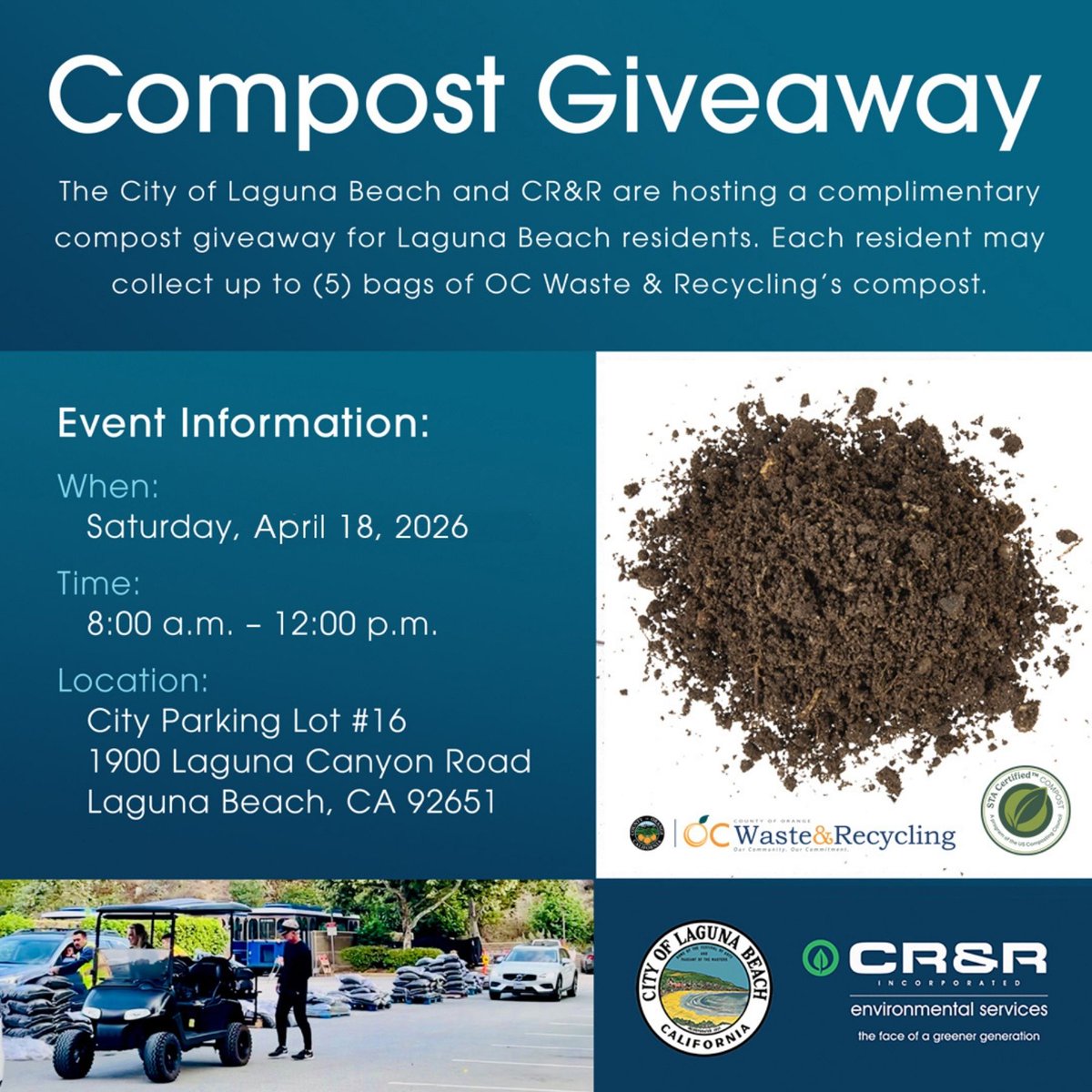 lagunabeachgov's tweet image. 🌱 This Saturday, April 18, the City, in partnership with CR&amp;amp;R, is hosting a FREE drive-thru Compost Giveaway for Laguna Beach residents!

Supplies are limited and available while quantities last. Lagunabeachcity.net/government/dep…

#Compost #LagunaBeach #Sustainability #HealthySoils