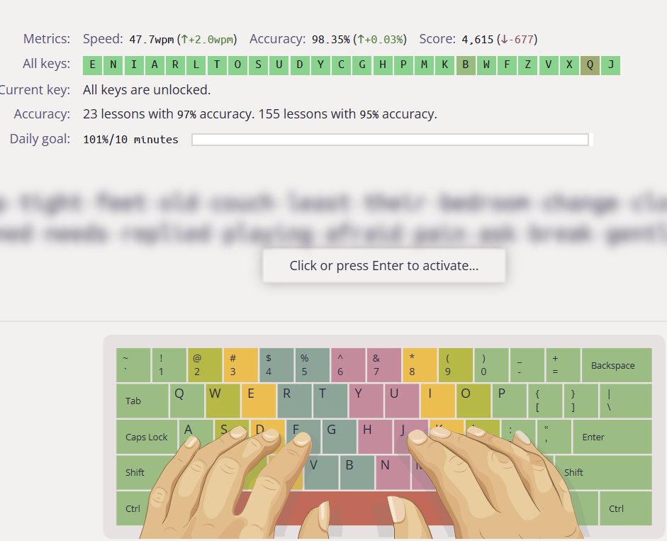 skyandmacbook's tweet photo. Speed: 47.7wpm (↑+2.0wpm)Accuracy: 98.35% (↑+0.03%)Score: 4,615 (↓-677)

23 lessons with 97% accuracy. 155 lessons with 95% accuracy.
👉 節奏穩住了，但還在「保守輸出」區
#刻意練習 #輸入能力 #每日打字練習 #Keybr #學習記錄 #Soru https://t.co/0Q1MAKeWi4