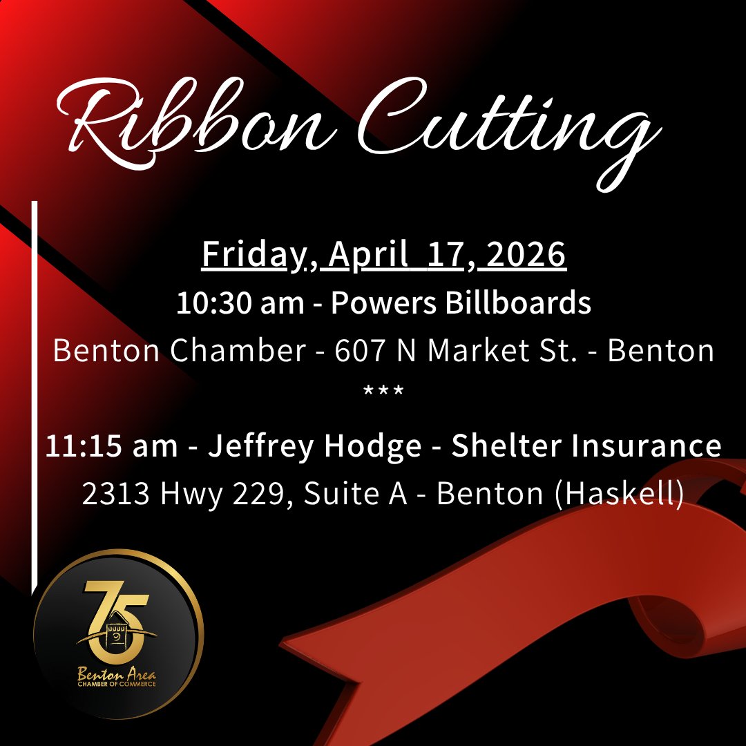 BentonChamber's tweet photo. You are invited to the following ribbon-cutting events.
Friday, April 17, 2026
10:30 am – Powers Billboards, LLC
Benton Chamber Office - 607 N Market St. - Benton
***
11:15 am - Jeffrey Hodge - Shelter Insurance
2313 Hwy 229, Suite A - Benton (Haskell) https://t.co/2ec2BxOLKa
