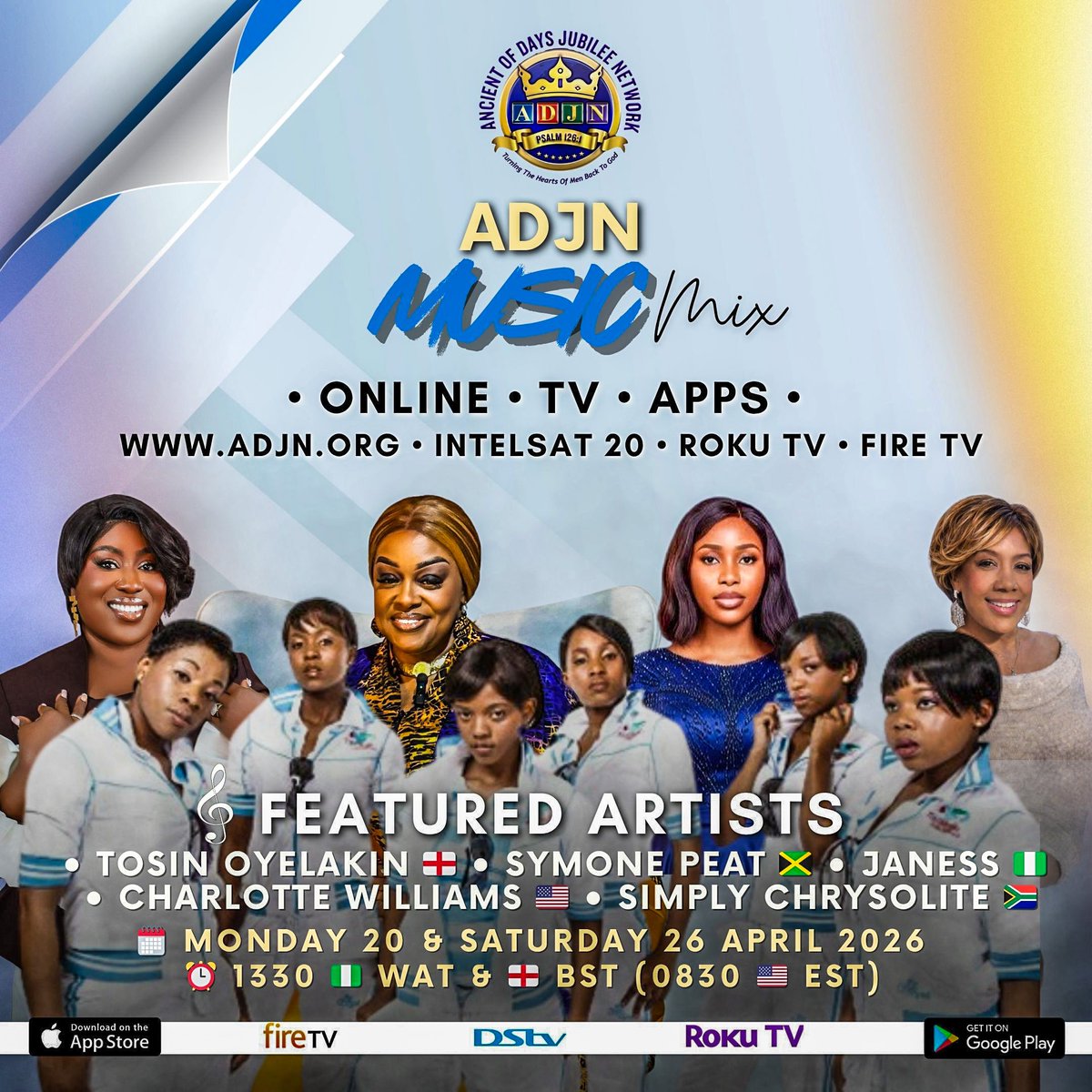 AncientOfDaysJN's tweet photo. ADJN Music Mix
🗓️ 20 &amp; 26 April
⏰ 1330 🇳🇬 WAT &amp; 🏴󠁧󠁢󠁥󠁮󠁧󠁿 BST (0830 🇺🇸 EST)

MUSIC:
• @TosinOyelakin 🏴󠁧󠁢󠁥󠁮󠁧󠁿 
• @JarrettSymone 🇯🇲
• ⁠@Janessofficial 🇳🇬
• ⁠@CWilliams77489 🇺🇸 
• ⁠@SimplyChrysolit 🇿🇦 

🌐 https://t.co/xgsgYfs8rs
🤳🏾 https://t.co/i1CJ44PEIP
📱 https://t.co/ySi1KdjzFv https://t.co/pd8wMnSxlW