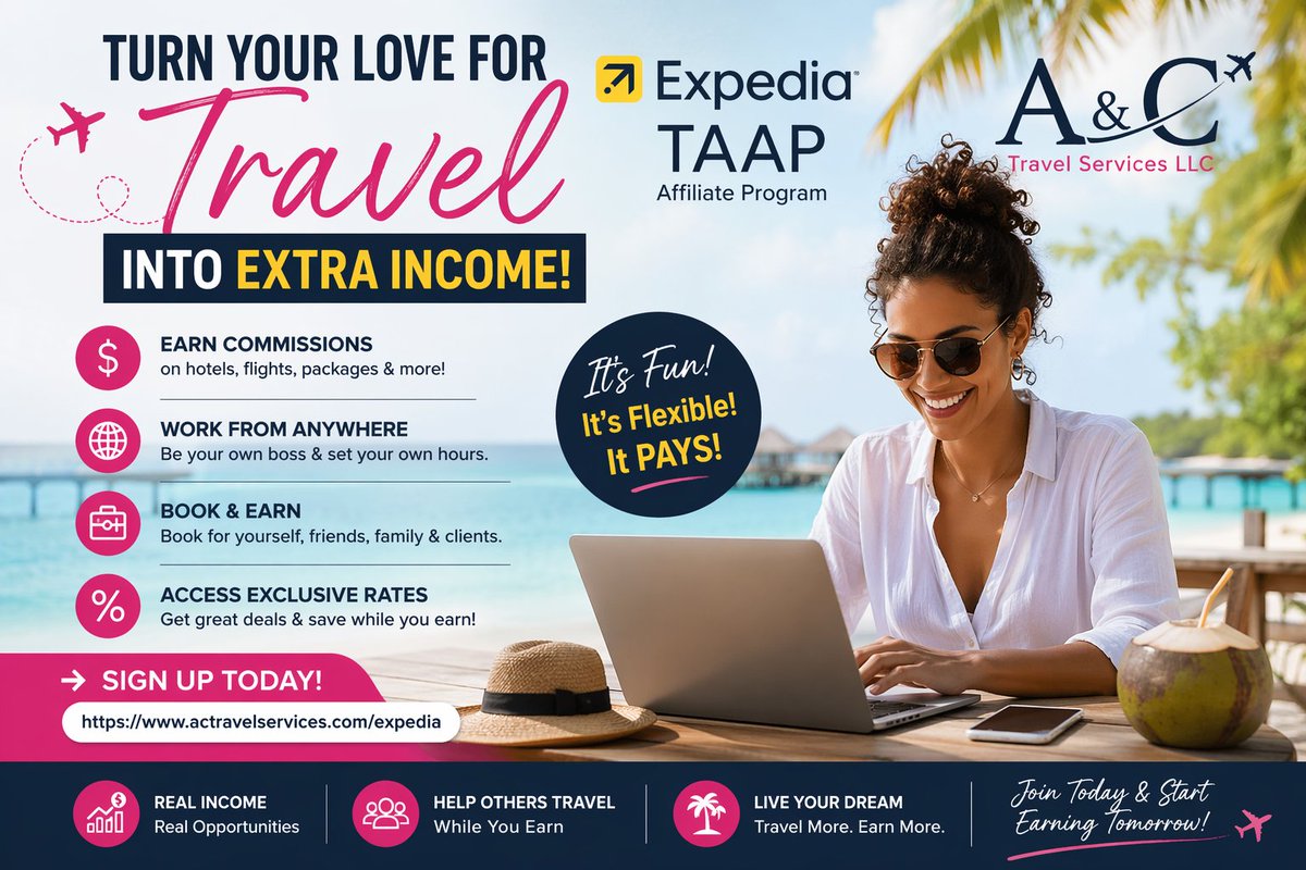 ACTRAVELSERVICE's tweet image. 💰 Turn travel into EXTRA income! ✈️🌴
Join A &amp;amp; C Travel Services LLC, Expedia TAAP &amp;amp; get paid to book trips for yourself &amp;amp; others!

🔥 Work anywhere
🔥 Earn commissions
🔥 Fun side hustle

👉 actravelservices.com/expedia

#SideHustle #TravelAgent #MakeMoney
wix.to/8azb6sZ