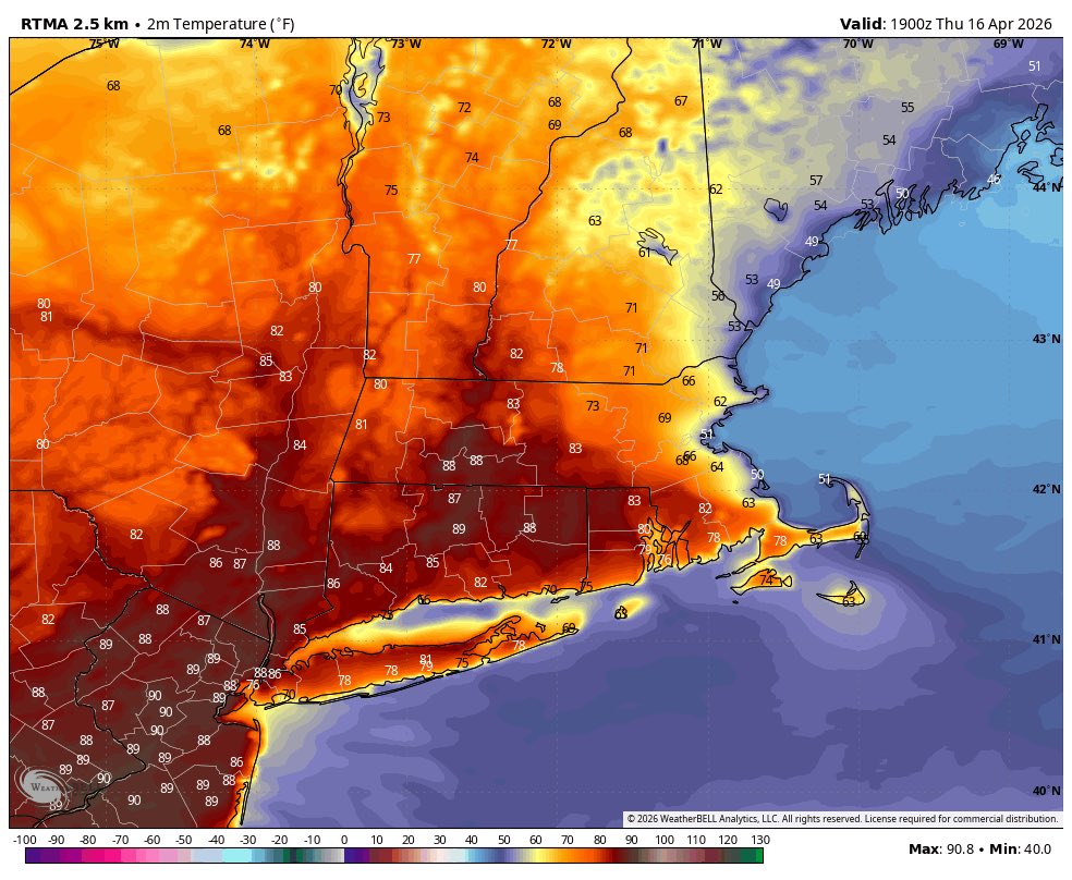The temperature gradient is just wild… 50s at the shore in SNE and temps near 90 inland.