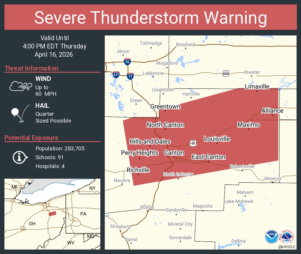 NWSCLE's tweet photo. Severe Thunderstorm Warning including Canton OH, Alliance OH and  North Canton OH until 4:00 PM EDT https://t.co/XQbEzPZ2ub