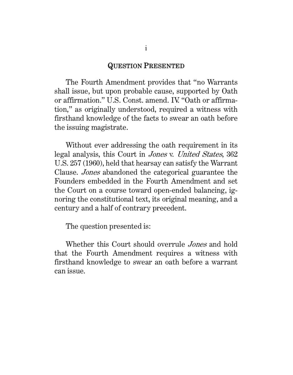 pjaicomo's tweet photo. The Fourth Amendment requires probable cause be supported by “Oath or affirmation” before a warrant can issue, but the Supreme Court effectively removed that requirement in Jones v. US.

Today, @IJ filed a cert. petition in Mendenhall v. Denver, urging the Court to put it back. https://t.co/DQ7nBOKgKP