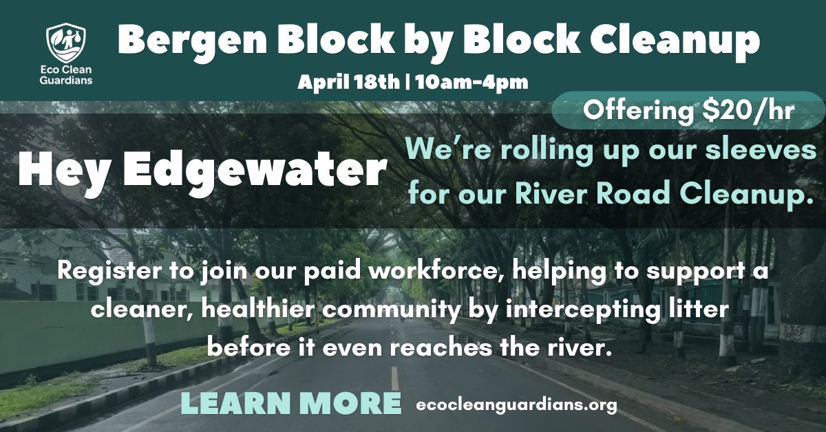 CleanGuardians's tweet photo. Hey Edgewater! Yes, you read that right — you get PAID to help keep Edgewater clean!  

Register to join the Bergen Block by Block Cleanup to make money while making a real impact. https://t.co/zNa2WMZwWz

#thecleanupmovement #ecocleanguardians https://t.co/cp3e4Q1Xqs