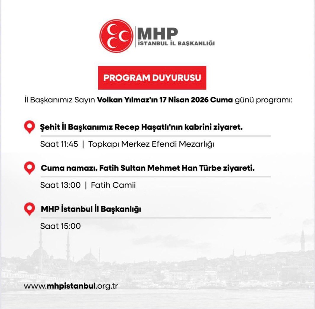 Aziz Dava Arkadaşlarım; 

Kökleri mazide, hedefleri istikbalde olan Büyük Davamızın neferleri olarak; vefayı, inancı ve davamıza olan sarsılmaz bağlılığımızı pekiştireceğimiz programlarımızda sizlerle bir arada olmaktan onur duyarım.

Volkan Yılmaz
MHP İstanbul İl Başkanı