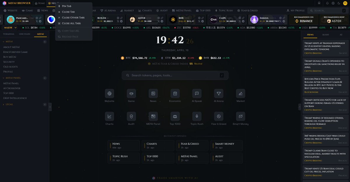 MetaFinancialAI's tweet photo. We have completely rebuilt the top bar experience from scratch in the Mefai browser. $MEFAI Terminal isn’t trying to be just another dashboard. It will be the safest, it won’t list things with external dependencies, honeypots, scams,lies or projects where a fake team controls 90% of the tokens.

Real time trends. Smart fraud filtering. A browser quality new tab page.

Every pixel has a purpose. Every data point is live.

TREND BAR
MAIN || All Binance pairs ranked by real trend score (volume × momentum).
BSC || Live BSC DEX trends directly from on-chain data.
SOL || Real Solana meme trends via our own RPC infrastructure.

Completely dynamic data. No other API dependencies.

Our trend feed automatically filters out tokens flagged by MEFAI Intelligence. If a token scores below 25 in our Security analysis or is flagged as AVOID, it will never appear on your trend bar. Example, SIREN

FEATURED PROJECTS
A new scrolling banner above the holder count showing featured projects.Trustable project like @ClipX0_ @Build4ai @ensoulac @TrustWallet  @PancakeSwap 

Recommended CEX @binance  and DEXP @Aster_DEX sections .

Each card displays👇

Live price and volume
Logo
Social links (X, Telegram, Website, BSCScan)

TAB MANAGEMENT
Press the + button at tabs to immediately access your most recently opened tabs.
Right click on any tab or the top bar to:
Pin / Unpin Tab
Close Tab
Close Other Tabs
Close All Tabs
Copy Tab URL
Reload Page

A browser quality user experience within a trading terminal.

Try it now ▶️ https://t.co/0iybgcfnKg | https://t.co/MH7dgXl3NG

#MEFAI #BNBChain #DeFi #CryptoTrading #Web3