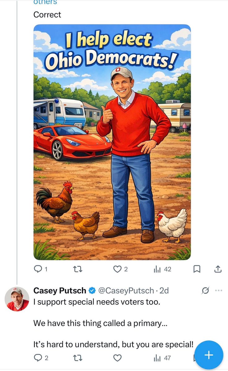 RMForLiberty's tweet photo. As an Ohioan and former Republican, I’m alarmed by The @CaseyPutsch campaign.

@CaseyPutschOhio has ran nearly his entire campaign on racial based hatred. I don’t label people “racist” easily because of how much Democrats toss out that term like water, there is absolutely no way around it. 

He’s repeatedly referred to Vivek as a “Dung Beetle,” he constantly refers to Vivek as “very Indian” as if being of Indian descent is problematic, he recently said that a woman with “corn rolls” in an American family is wrong, he made fun of the disabled just a few days ago; and he said that a “whites only rally” was “great.”

Here are examples from JUST THE PAST 2 DAYS!!!!

Casey thinks he tough because he “works on cars” and is “unafraid to speak his (racist) mind.” He’s not tough, he’s a weak little boy with a big mouth trapped in an adult’s body.