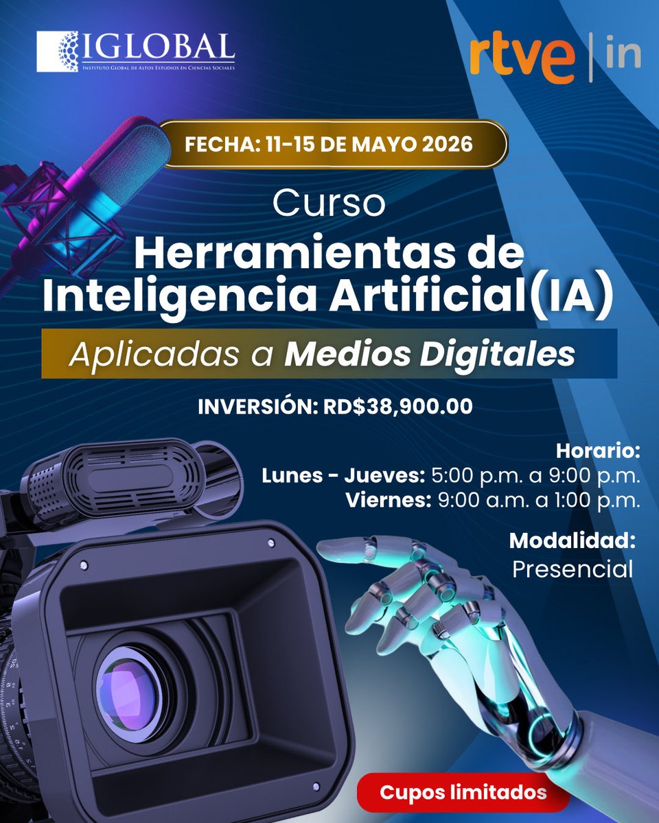 InstitutoGlobal's tweet image. La IA está transformando los medios digitales. 🚀
Aprende a usarla a tu favor en nuestro curso especializado.

📅 11–15 mayo
⚠️ Cupos limitados
🔗 Link : iglobal.edu.do/academico/educ…

#IA #MarketingDigital #IGLOBAL #Tecnología #RD