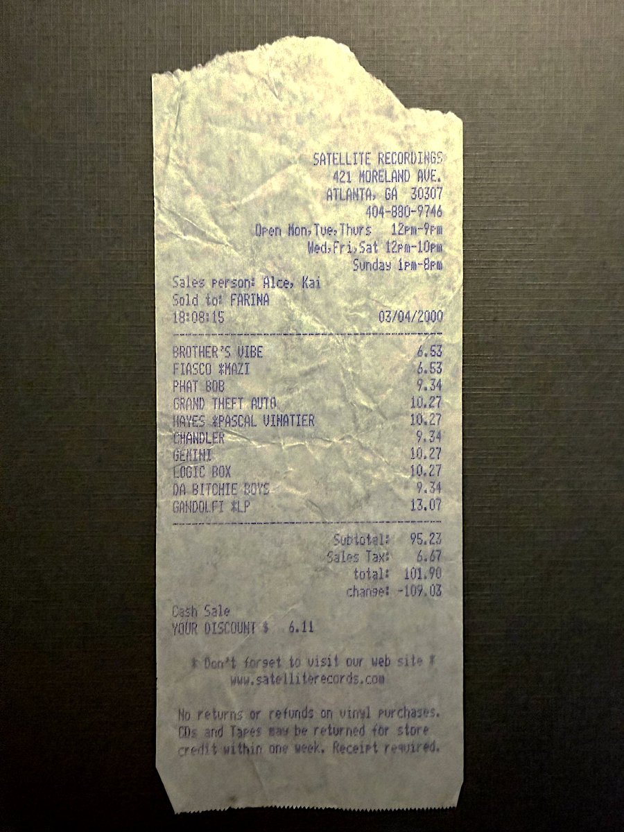 djmarkfarina's tweet photo. Found a 26 year old receipt today from Satellite Records Atlanta, sales person was @kaialce on March 4, 2000. 
I recommend putting things in records when you buy at a store. A flyer, receipt, anything. Because someday you’ll find (or someone else) and it’s quite entertaining. https://t.co/A43VcknxFt