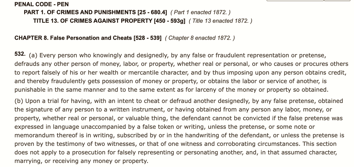 KalebNation's tweet photo. Aside from the other crimes: jumping in front of a car to fake an injury, then pressuring the driver for cash to avoid a lawsuit or insurance claim (even if they do not file it) is illegal in CA and most states. It's attempted fraud that violates PC § 532 in the CA penal code. Very weird how you seem eager to defend the maniac who harassed my wife and attempted to steal from us.