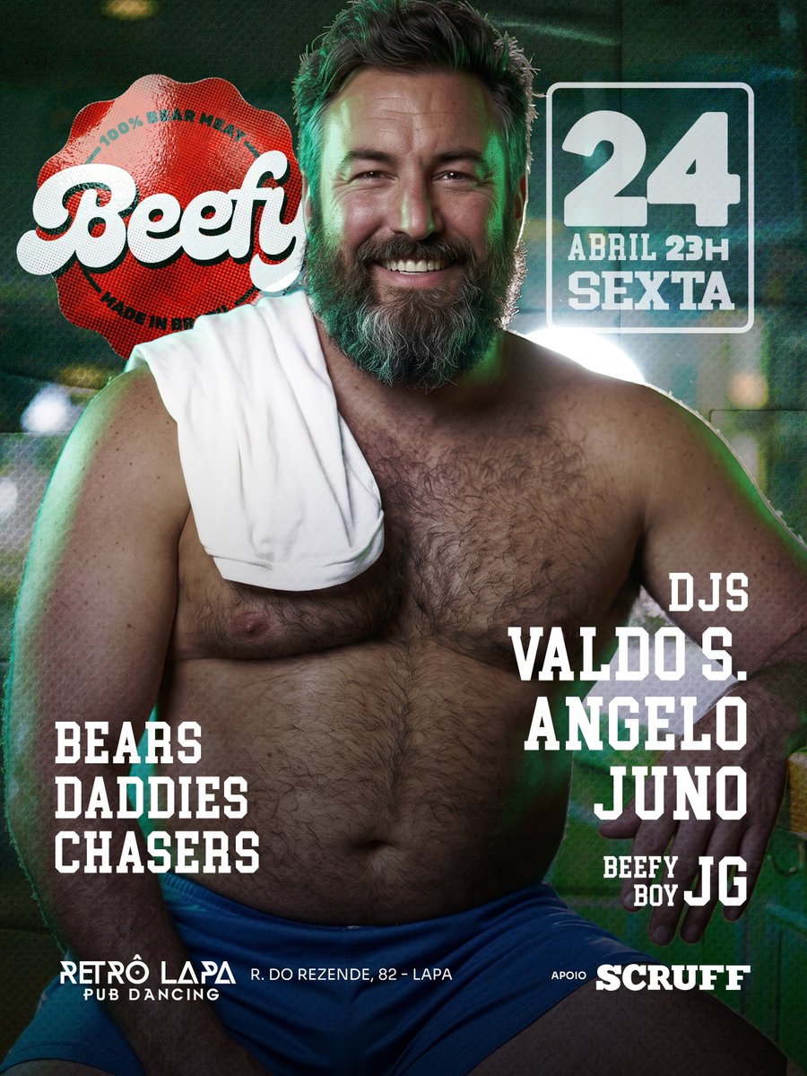 🥩 #BEEFY
📅 24/04 • 23H • RJ
🐻 #Bears, #Daddies, #Fetish &amp; #Music!
🔥 Beefy Boy: <a href="/jgatsbyrj/">JG 🐻</a>
🎧 DJs: Angelo • <a href="/djjun0/">DJ Juno</a> • <a href="/valdodiu/">Dj Valdo S</a>
😈 Dark room • 🍃 Terraço
🩲 Couro/harness/jock → desconto!
🎟️ linktr.ee/growlbeefybears
📍 Retrô Lapa Pub

#beefyparty