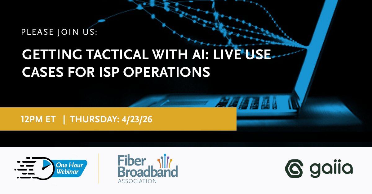 fiberbroadband's tweet image. Join gaiia for an upcoming webinar:
Getting Tactical with AI: Live Use Cases for ISP Operations
📅 Thursday, April 23, 2026
⏰ 12:00 PM EDT

🔗Register here: hubs.la/Q04cqZTj0

#Webinar #FiberBroadband #Fiber #Broadband #FiberBroadbandAssociation