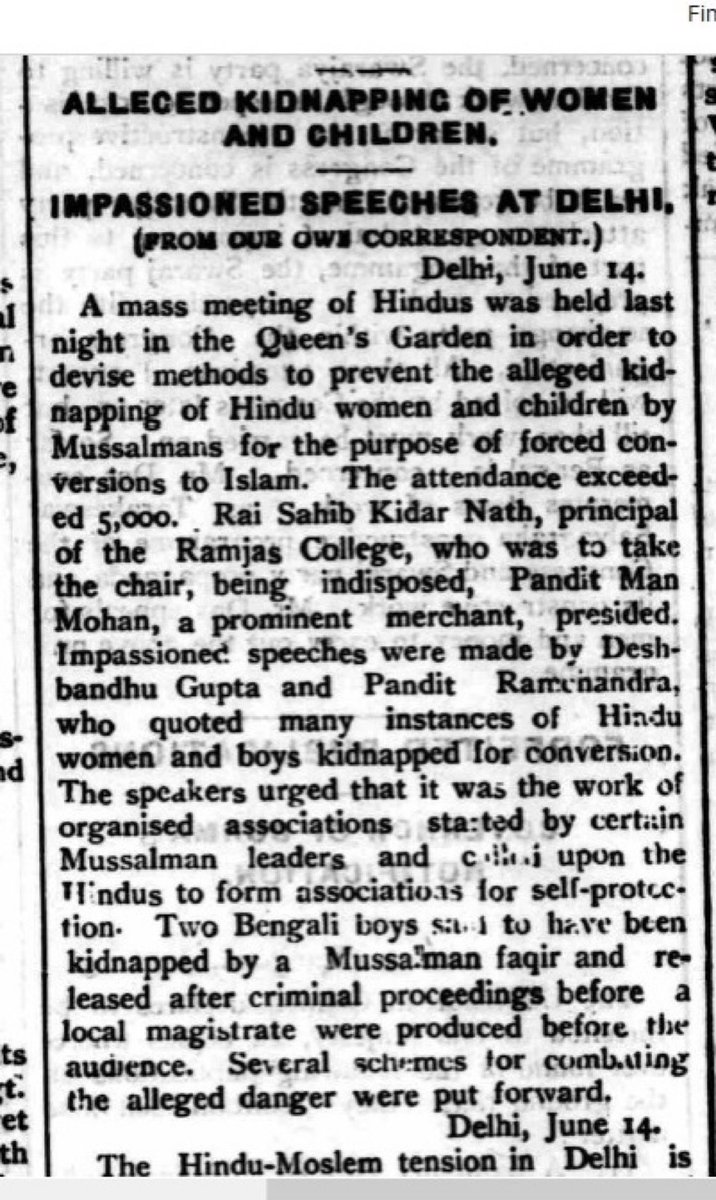 scribe9104's tweet image. लाहौर से प्रकाशित The Civil &amp;amp; Military Gazette में 16 जून 1924 को छपी एक रिपोर्ट बताती है कि आज से सौ साल पहले दिल्ली के हिंदू एकत्रित होकर मुसलमानों द्वारा हिंदू महिलाओं और बच्चों को किडनैप करके धर्मांतरण किये जाने का विरोध कर रहे थे 

सभा में बताया गया था कि मुस्लिम समुदाय