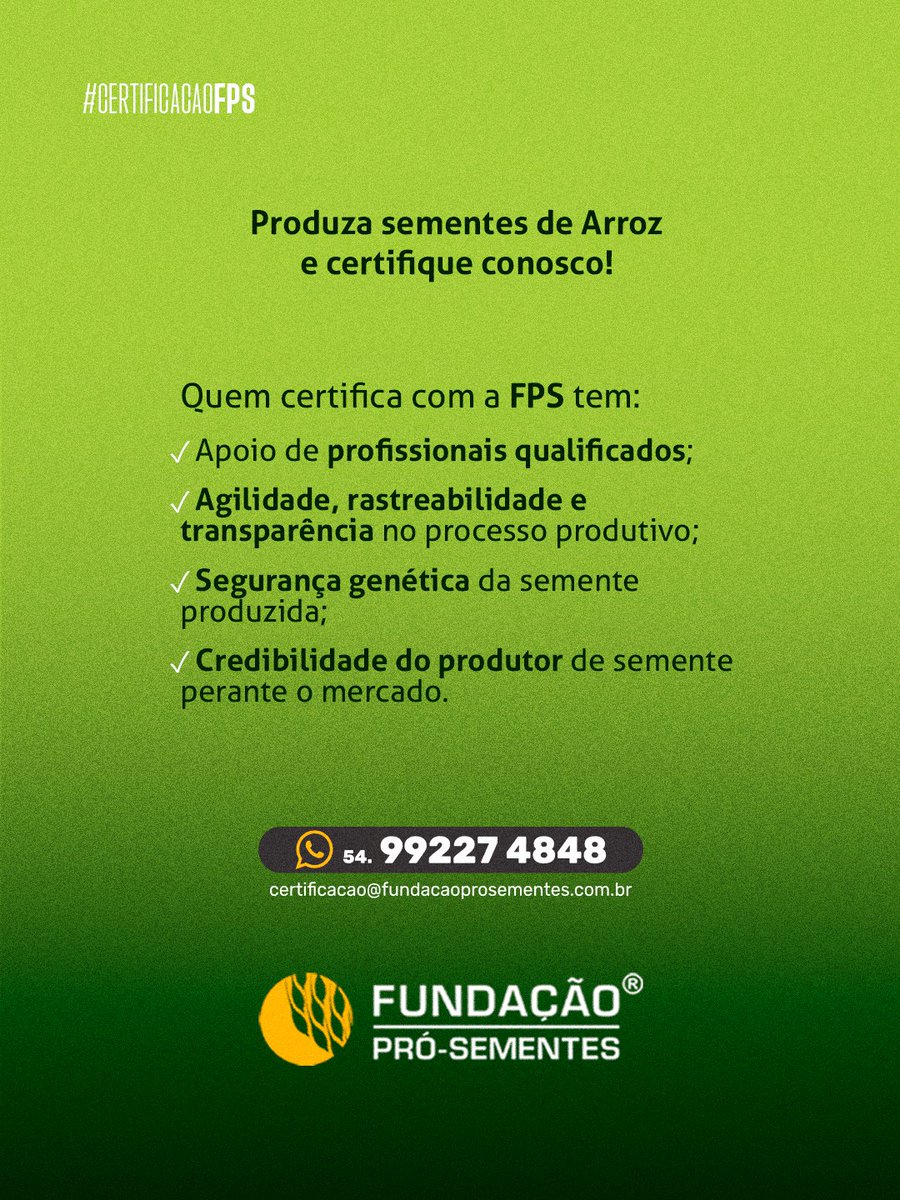 fundacaops's tweet photo. Saiba como qualificar a sua produção de semente certificada de Arroz com nosso time.

Entre em contato e descubra como podemos agregar valor à sua produção!
Envie suas dúvidas pelo WhatsApp 54. 99227 4848 ou e-mail para certificacao@fundacaoprosementes.com.br https://t.co/Gn9Urrnooe
