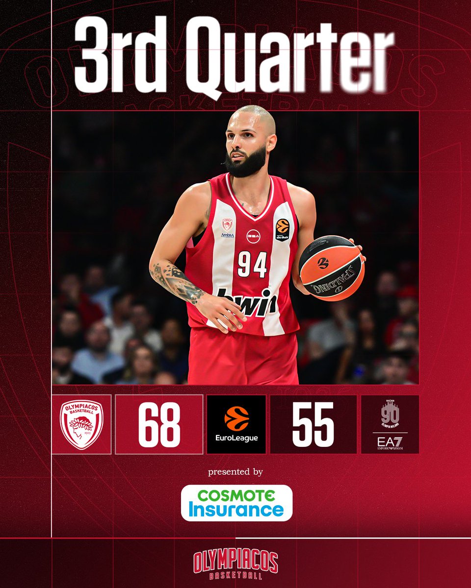 Olympiacos_BC's tweet photo. 3rd Quarter Ends 🏀 #OlympiacosBC - EA7 Emporio Armani Milan 68-55 #EveryGameMatters #WeAreOlympiacos #TogetherWeFight #OLYEA7 https://t.co/snoGi5ZYBU