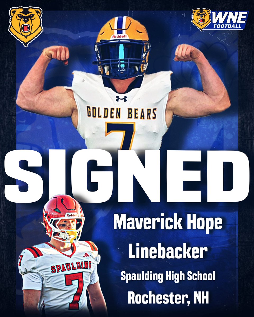 WNEFB's tweet photo. Golden Bear Football Family, Welcome Maverick Hope !

🏫Spaulding High School (Rochester, NH)
🏈LB
📏6’2
⚖️200
🏅Team Captain, All-Conference, Team MVP

#AlwaysOn #RollBears #OneBetter https://t.co/D4ZnB3mx61
