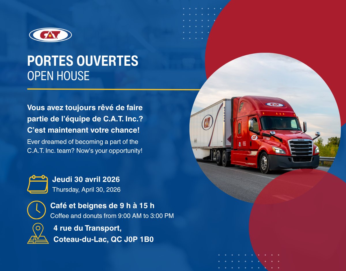 CAT__Inc's tweet image. 📅 Thursday April 30, 2026
📍 4 rue du Transport, Coteau du Lac
🕘 Coffee and donuts from 9:00 AM to 3:00 PM

We look forward to meeting you 🚀

#OpenHouse #Careers #Transportation #Logistics #TruckingJobs #JoinOurTeam #CATinc #PortesOuvertes #Carrières