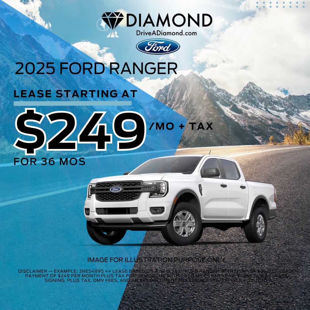 DiamondFordAV's tweet photo. Looking for midsize truck capability? 💪 Ranger Ready: The 2025 Ford Ranger leases from $249/mo for 36 mos 🚛🌟 #FordRanger #TruckLife #AutoOffers

Shop For Yours at 👉 https://t.co/X3Noqs6kWs https://t.co/EdoQyn7Tfb