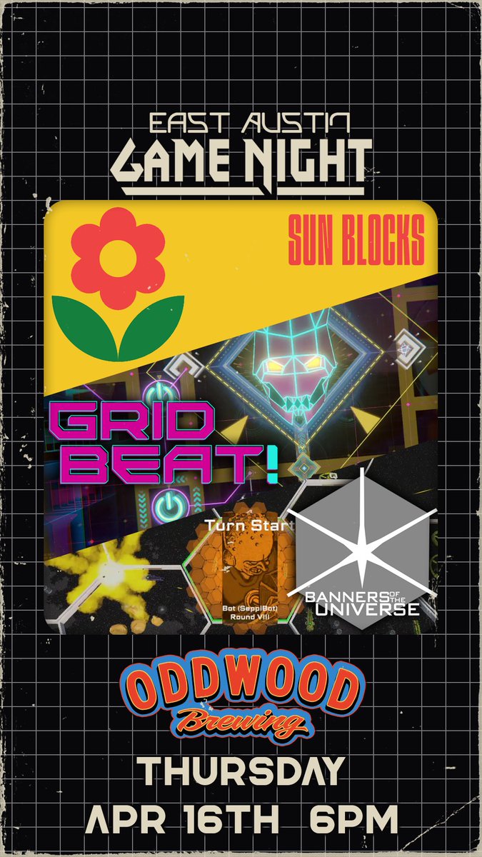 ridiculousdev's tweet photo. 🎶 We’re excited to share that GRIDbeat! will be featured tonight at East Austin Game Night! If you’re in the Austin area, swing by Oddwood Brewing starting at 6PM and jump into the action.

https://t.co/6geeno7Yso
The Grid is calling!

#IndieGame #GameDev #indiedev @PlayAcclaim https://t.co/rO8b5nBomm