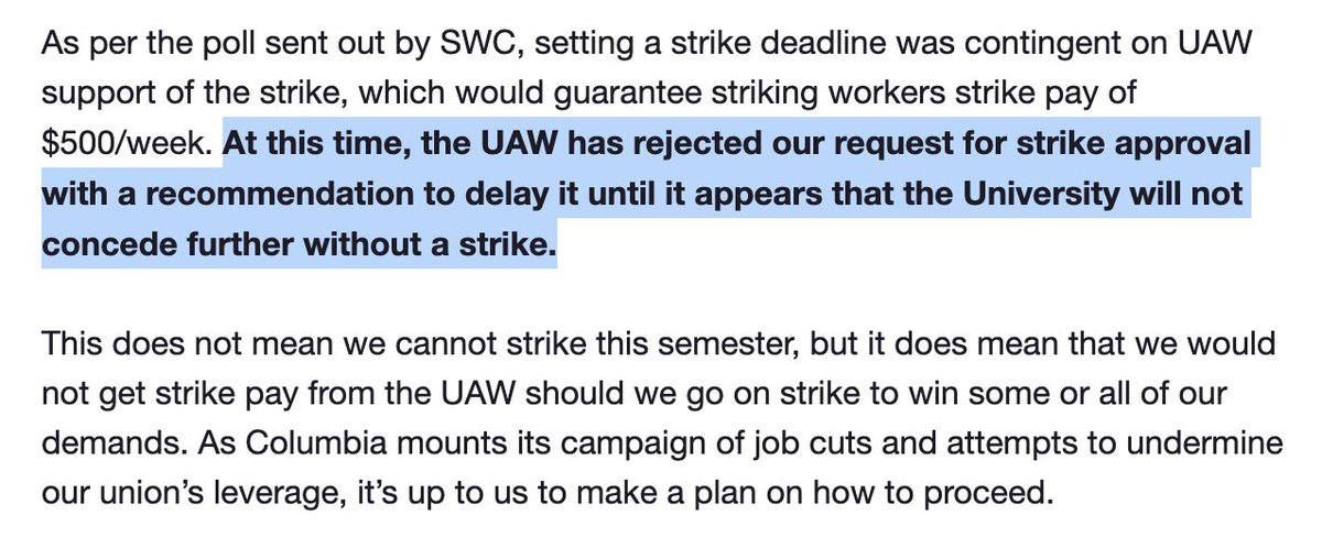 CUJewsIsraelis's tweet photo. NEW: UAW has REJECTED @Columbia's graduate student union's strike approval, due to a lack of bargaining progress. This is basically unprecedented, and is due to the many extreme demands they were making that are unrelated to working conditions, such as BDS. https://t.co/Su8Zq5A6qJ
