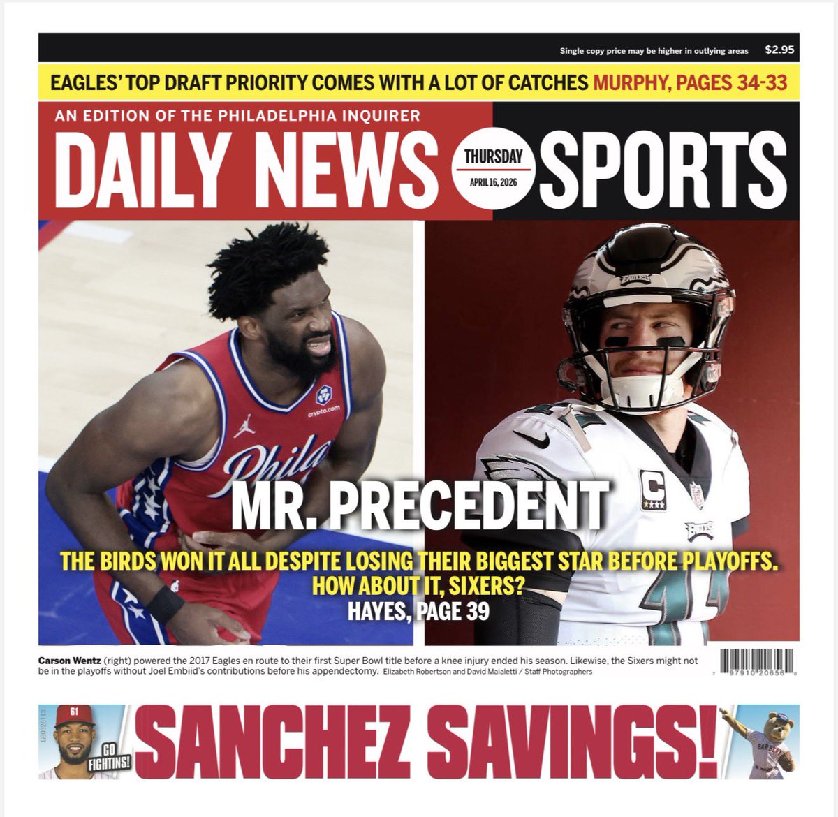 lukereasoner's tweet image. The #Philadelphia Daily News (@PhillyDailyNews) back page for April 16, 2026  

**** Subscribe HERE : inquirer.com/offers/premium…  **** 

 #phillies #flyers #sixers #eagles