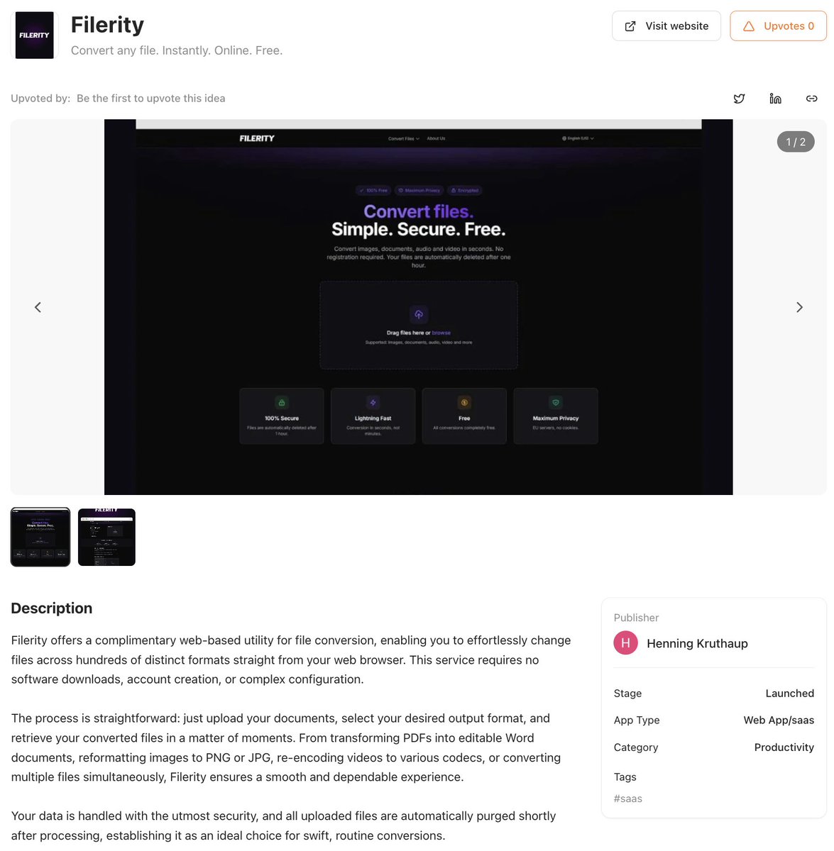 📁 Filerity
Convert files instantly. Online. Free.

No downloads, no signups, no nonsense - just fast, secure file conversion across hundreds of formats.

👉 ideakiln.com/ideas/filerity

#Productivity #FileTools #SaaS