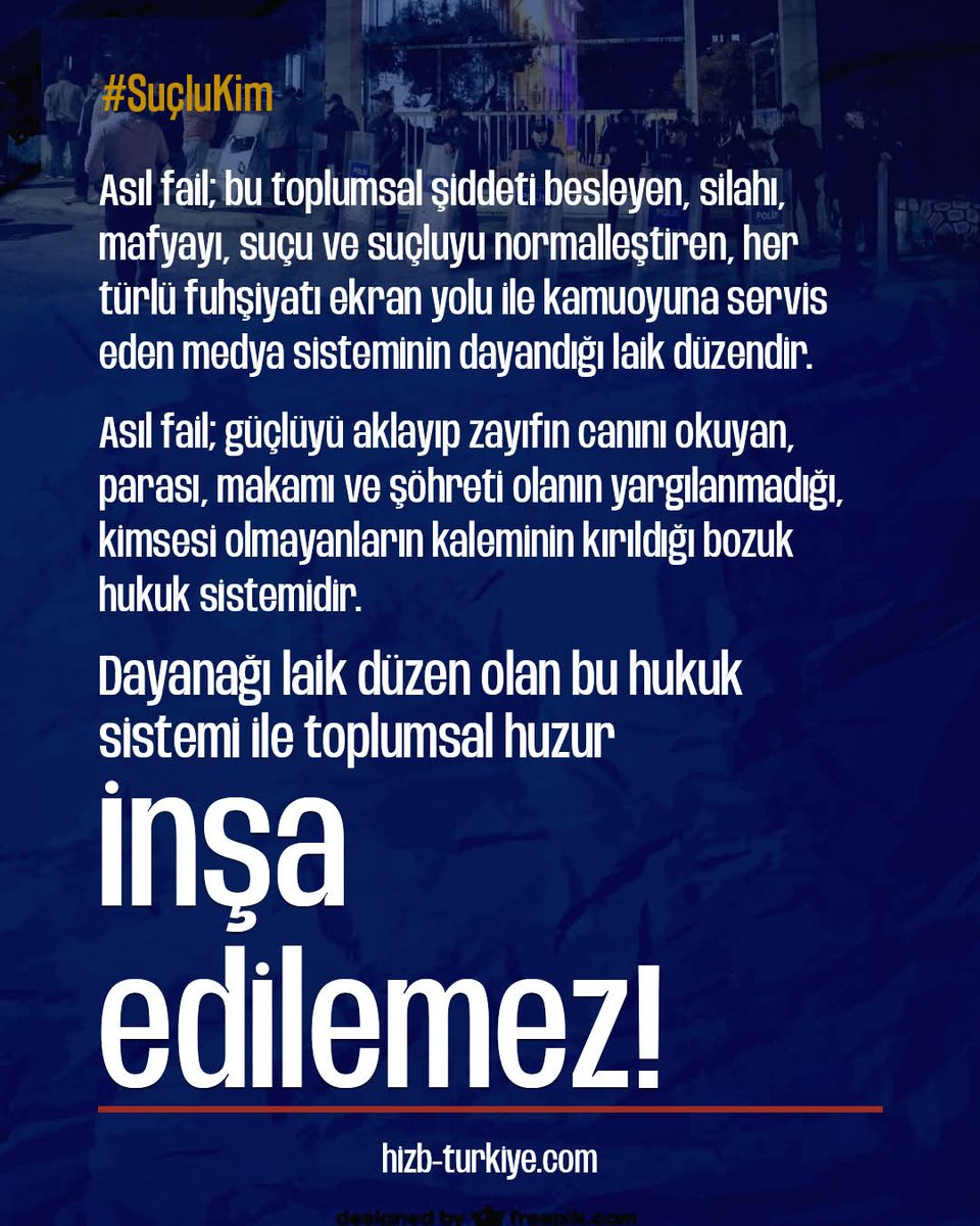 nzktunal's tweet photo. #SuçluKim
Suçlu toplumsal şiddeti besleyen, silahı, mafyayı, suçu ve suçluyu normalleştiren, her türlü fuhşiyatı ekran yolu ile kamuoyuna servis eden medya sisteminin dayandığı laik düzendir. https://t.co/IRmY76eMnG