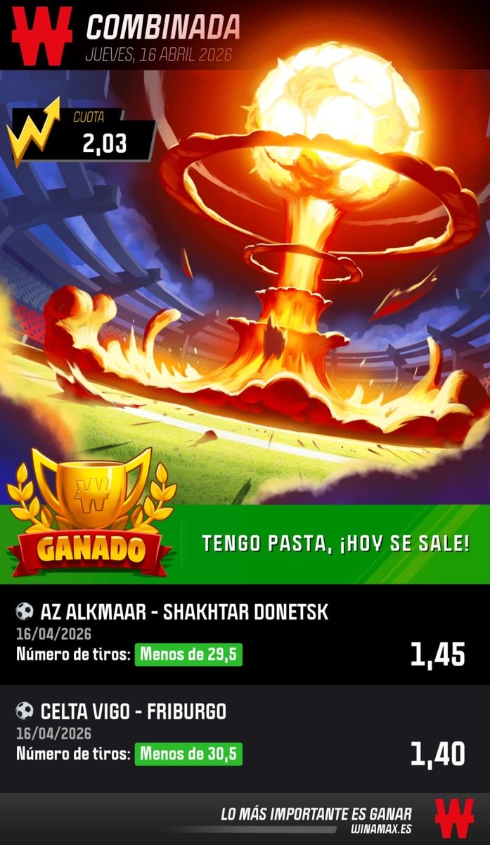iN_Swiper's tweet photo. ✅ VERDE CONFIRMADA | 16 ABRIL 2026 ✅

Combinada ganada 💰
Cuota: 2.03 🔥

⚽ AZ Alkmaar vs Shakhtar Donetsk
✔️ Menos de 29.5 tiros

⚽ Celta Vigo vs Friburgo
✔️ Menos de 30.5 tiros

📊 Lectura perfecta del ritmo de partido. Otra más para la cuenta. https://t.co/N7q6sgkVfa