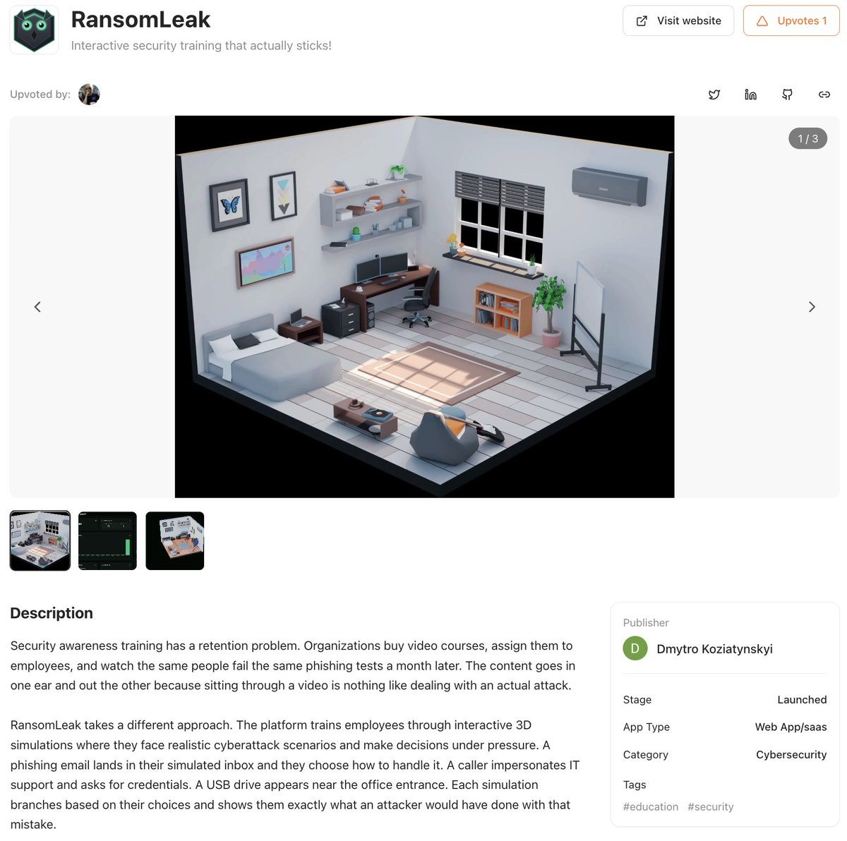 🛡️ RansomLeak
Security training people actually remember.

Interactive 3D cyberattack simulations that teach employees how to react under pressure - not just pass another boring video course.

👉 ideakiln.com/ideas/ransomle…

#Cybersecurity #EdTech #SaaS