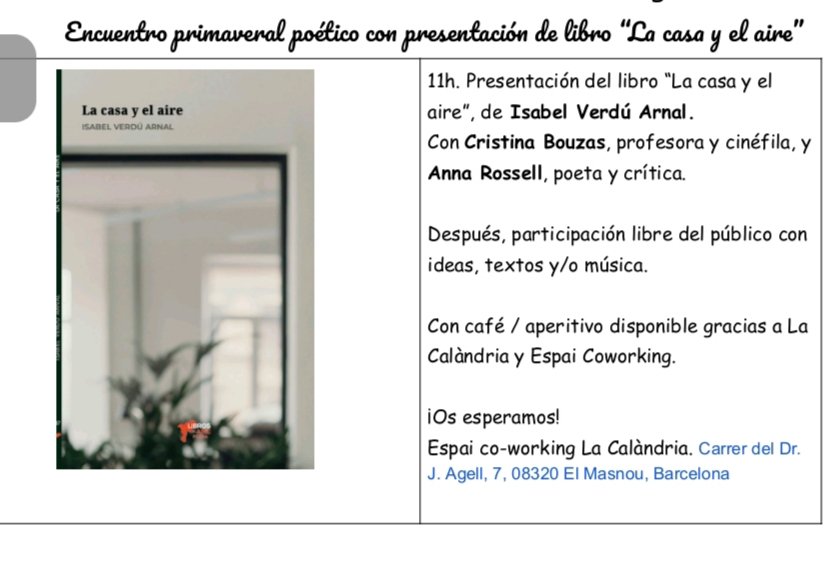 Isabelverdu's tweet photo. Mi poemario "La casa y el aire" @edlibrosdelaire  ya en movimiento. Ayer se pudo presentar ya en el encuentro trimestral de @Hispanotheque, Montpellier. Y este domingo en La Calàndria, El Masnou. https://t.co/RQPjSJ9PM1