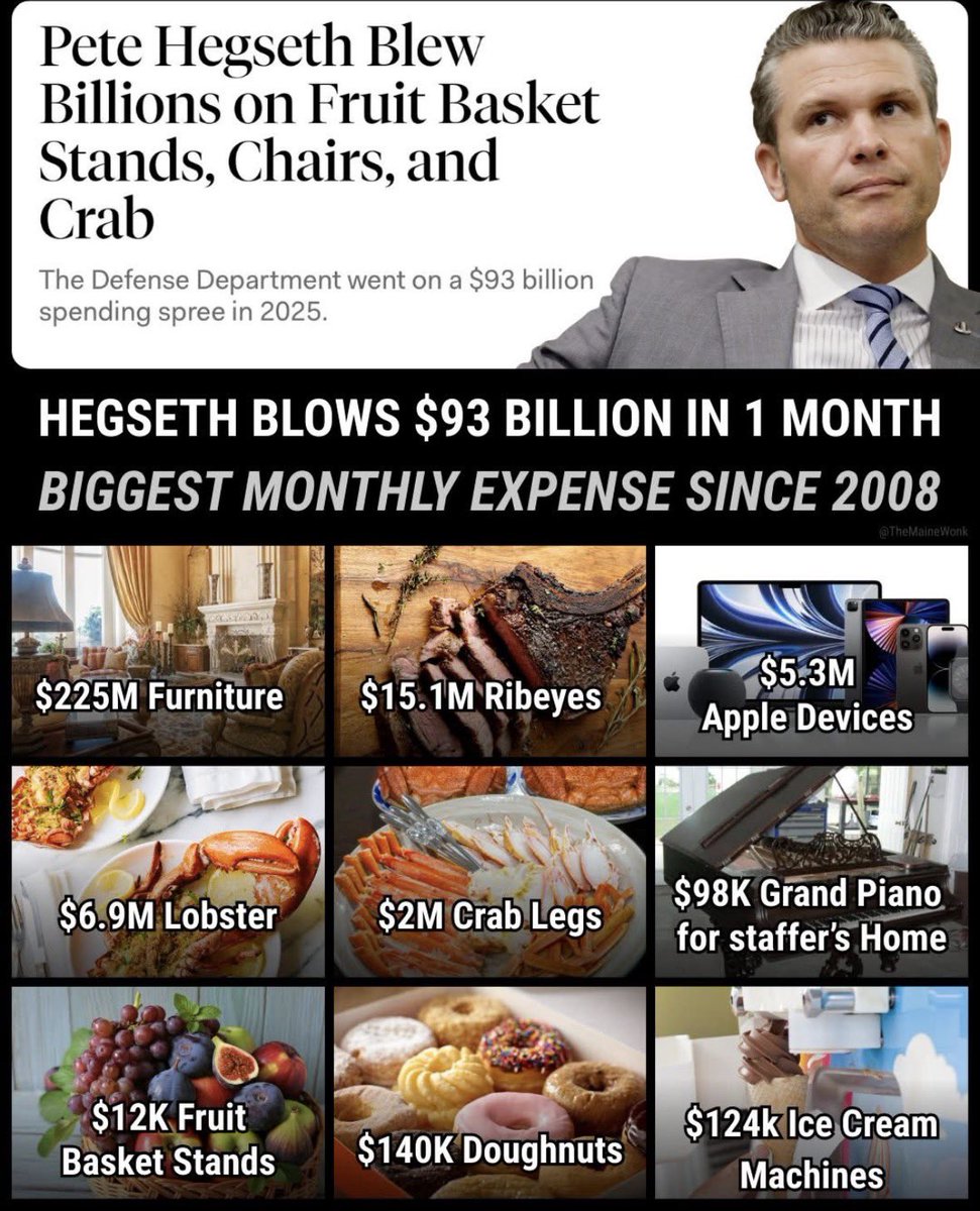 Katy202012's tweet photo. Maybe if Hegseth returned the excess money last year instead of wasting it there would have been another $93 billion.  How many employees salaries would this have covered? https://t.co/tM19tgLDdO
