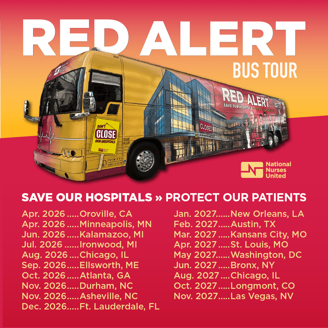 NationalNurses's tweet photo. Save the date! Our Red Alert: Save Our Hospitals Tour is leaving California and starting its cross-country trek. 🚍🚨

Find more info about a stop near you: https://t.co/nRzDOpiJgA https://t.co/znlUF6XBzp