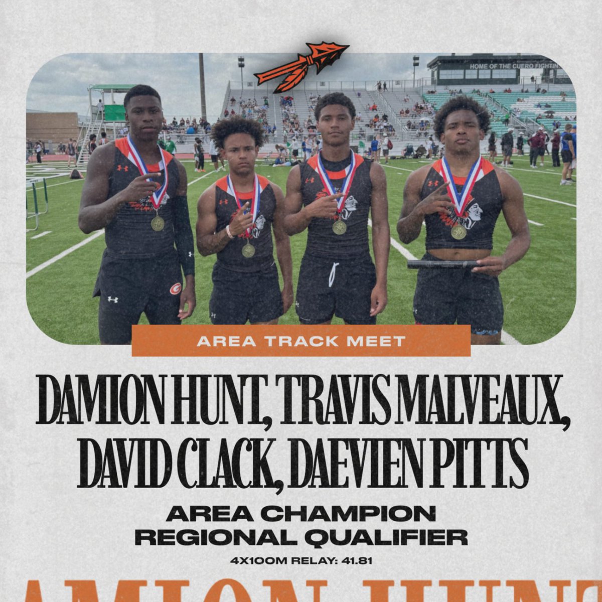 ApachesGHS's tweet photo. Congratulations to the Gonzales 4x100m relay time (Damion Hunt, Travis Malveaux, David Clack and Daevien Pitts) on claiming the area championship with a new PR time of 41.81! 

Regional Bound! https://t.co/ZFm7RFAfnx