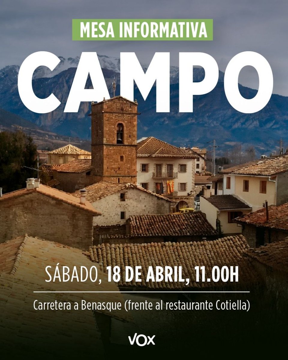VoxHuesca's tweet photo. 🏔 Para la próxima mesa informativa subimos al Pirineo. ¡Nos vemos este sábado en Campo! https://t.co/P0Yzp4Qy4n