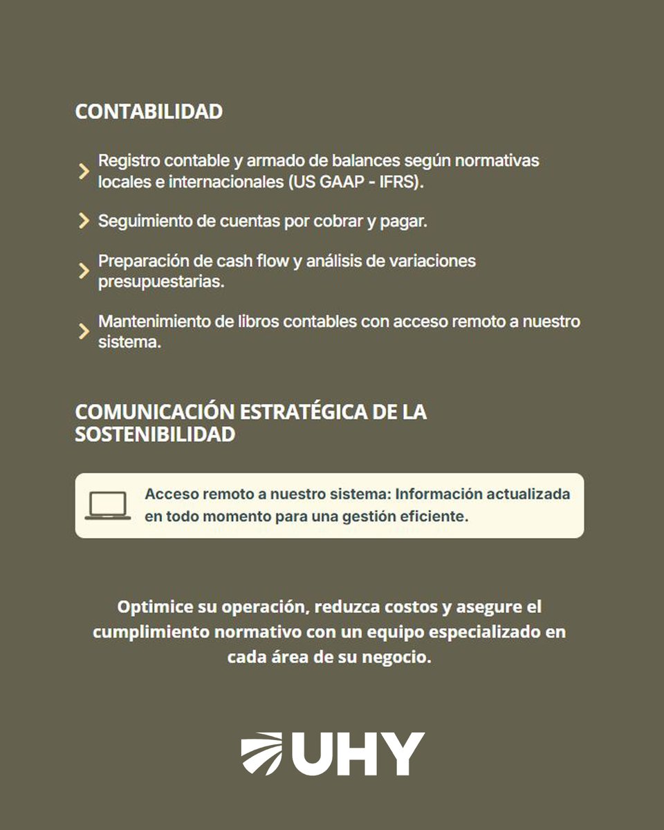 uhymacho's tweet photo. En UHY, ofrecemos soluciones de outsourcing contable, fiscal, societario y laboral para que su negocio opere con mayor eficiencia y cumplimiento normativo.
-
At UHY, we offer outsourcing solutions in accounting, tax, corporate, and labor areas so your business operates more + https://t.co/GPbMlCxMdK