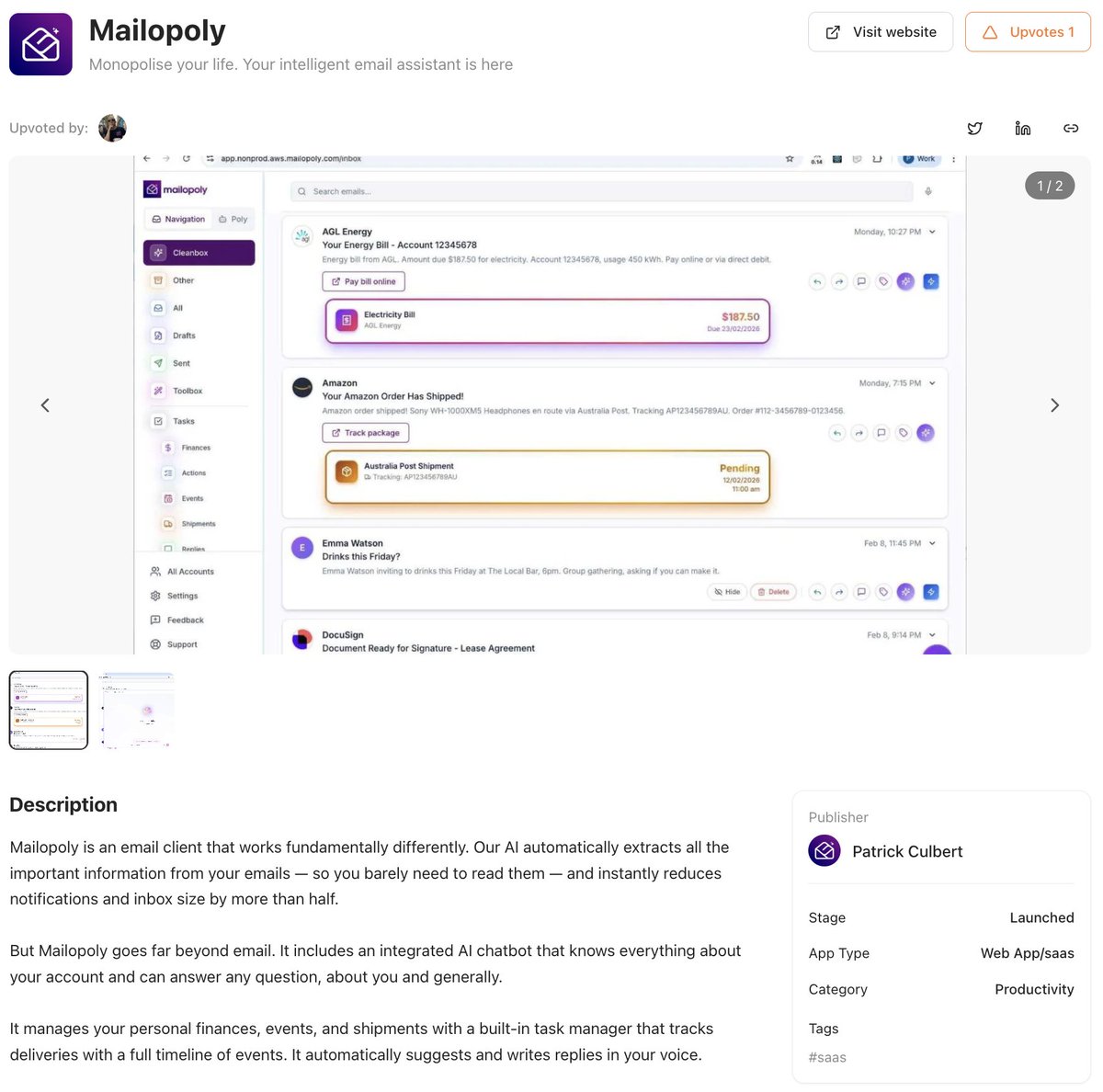 📬 Mailopoly
Your inbox, but actually useful.

AI extracts what matters from emails, cuts noise, tracks shipments, finances, tasks, and even drafts replies in your voice.

👉 ideakiln.com/ideas/mailopoly

#Productivity #AI #Email