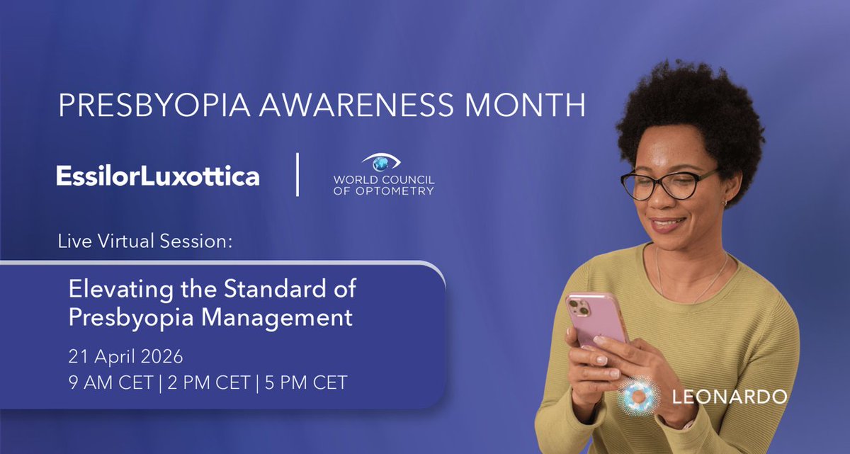 WorldCouncilOpt's tweet image. On April 21, join the @WorldCouncilOpt for a global live event "Elevating the Standard of Presbyopia Management," hosted on the Leonardo learning platform in collaboration with EssilorLuxottica.
 
🔗Register today!
leonardo.essilorluxottica.com/profile/upcomi…
#Presbyopia #Optometry #WorldCouncilOpt