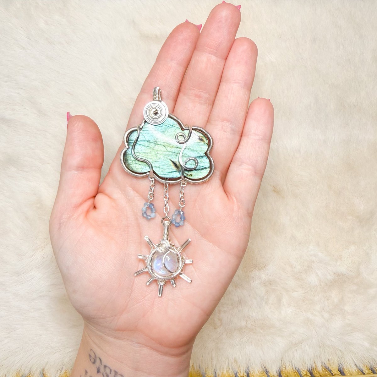 Labradorite cloud with aquamarine raindrops &amp; rainbow moonstone sun dangle debuts on my shop tonight at 8pm eastern time 🌦️

not sure if there will be another like this again so set an alarm!!
