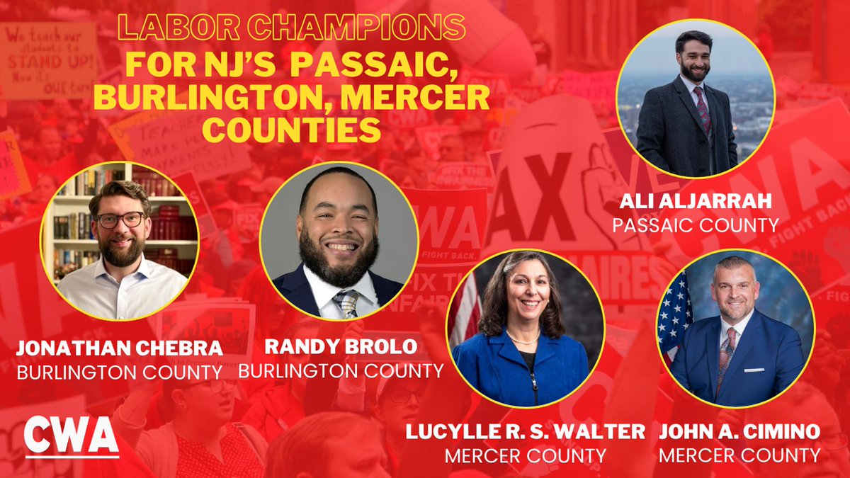 CWADistrict1's tweet photo. @christinemm22 @cwa1037 @BillOdeaJC @RonBautistaNJ @AlexValdezNJ CWA District 1 is very proud to endorse the following candidates for NJ Passaic, Burlington, and Mercer County Commissioners: 
✅ @aliforpassaic (Passaic)
✅ @jchebra (Burlington)
✅ Randy Brolo (Burlington)
✅ John A. Cimino (Mercer)
✅ Lucylle R. S. Walter (Mercer) https://t.co/KgO0lYSKEJ